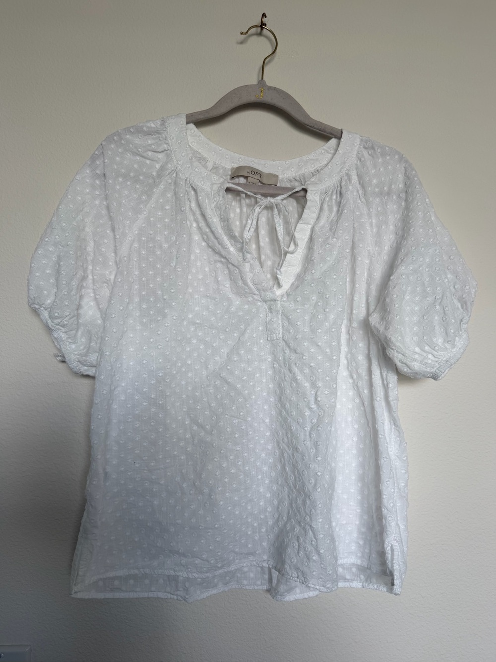 LOFT White Swiss Dot Tie-Neck Blouse Size Medium
